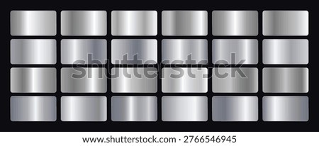 Silver gradients. Metal glossy foil frames, shiny steel chrome  gradation, shiny material backgrounds, luxury vibrant banners for premium labels and buttons design. Vector set.