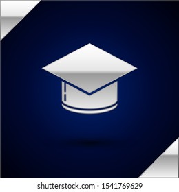 Silver Graduation cap icon isolated on dark blue background. Graduation hat with tassel icon.  Vector Illustration