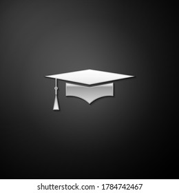 Silver Graduation cap icon isolated on black background. Graduation hat with tassel icon. Long shadow style. Vector.