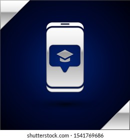 Silver Graduation cap on screen smartphone icon isolated on dark blue background. Online learning or e-learning concept.  Vector Illustration