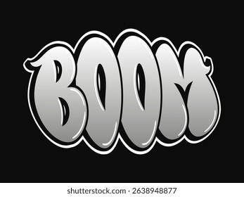 Silver graffiti lettering spelling boom, creating explosive sound effect with striking visual impact and urban artistic style