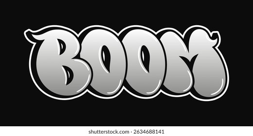 Silver graffiti lettering spelling the word Boom representing an explosion sound effect, with a bold, impactful style