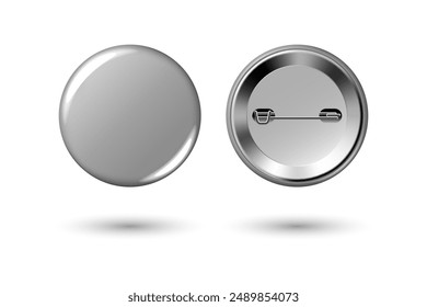 Silbergraues Abzeichen Mockup. Runde Abzeichen Button Brosche. Realistische graue Blank glänzende runde Button Abzeichen Pin mit Metallrückwand. Vektorillustration.