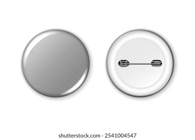 Silver gray badge mockup. Round badge button brooch. Realistic grey blank glossy round button badge pin with plastic back cover. Vector illustration.