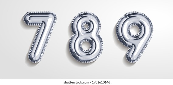 Silver gray balloon number 7, 8, 9 realistic 3d render air balloon. Collection of balloons number ready to use. Holiday and party. 3d vector icon set. Foil balloon number zero isolated on white