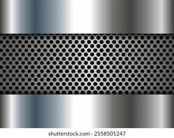 Silver gray metal 3D background, shiny metallic design with interesting  dots pattern, vector illustration.