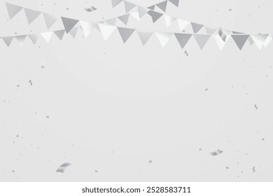 Silver Gray Party Flags With Tiny Confetti On White Background. Celebration Event And Happy Birthday. Vector Illustration. Copy Space