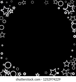 Silver, gray shiny confetti stars. Scattered little sparkling, flashing glitter elements. Random stellar falling on black background. New Year, Christmas background. Vector illustration.