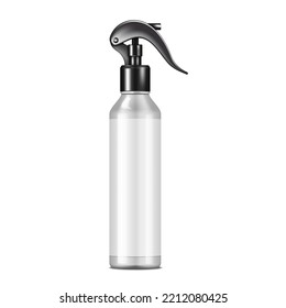 Frasco de spray gris plateado con etiqueta en blanco, maqueta realista. Modelo vectorial de contenedor de pulverización blanca de productos cosméticos. Pulverizador de bomba de activación con plantilla de tapón negro