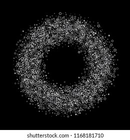 Silver, gray, stars, shiny confetti. Scattered little sparkling, flashing glitter elements. Random stellar falling on black background. New Year, Christmas background. Vector illustration.