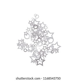 Silver, gray, stars, shiny confetti. Scattered little sparkling, flashing glitter elements. Random stellar falling on white background. New Year, Christmas background. Vector illustration.