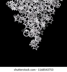 Silver, gray, stars, shiny confetti. Scattered little sparkling, flashing glitter elements. Random stellar falling on black background. New Year, Christmas background. Vector illustration.