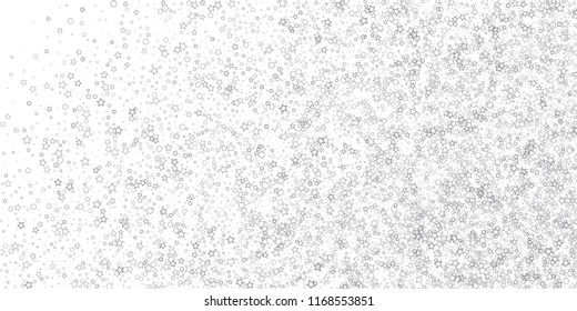 Silver, gray, stars, shiny confetti. Scattered little sparkling, flashing glitter elements. Random stellar falling on white background. New Year, Christmas background. Vector illustration.