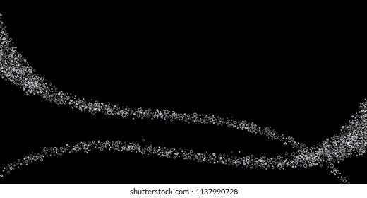 Silver, gray, stars, sprocket, shiny confetti. Scattered little sparkling, flashing glitter elements. Random stellar falling on black background. New Year, Christmas background. Vector illustration.
