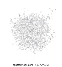 Silver, gray, stars, sprocket, shiny confetti. Scattered little sparkling, flashing glitter elements. Random stellar falling on white background. New Year, Christmas background. Vector illustration.
