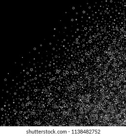 Silver, gray, stars, sprocket, shiny confetti. Scattered little sparkling, flashing glitter elements. Random stellar falling on black background. New Year, Christmas background. Vector illustration.