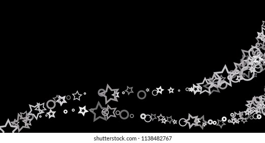 Silver, gray, stars, sprocket, shiny confetti. Scattered little sparkling, flashing glitter elements. Random stellar falling on black background. New Year, Christmas background. Vector illustration.