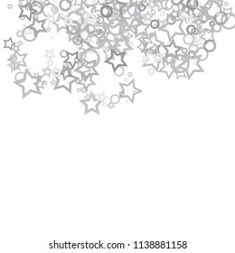 Silver, gray, stars, sprocket, shiny confetti. Scattered little sparkling, flashing glitter elements. Random stellar falling on white background. New Year, Christmas background. Vector illustration.