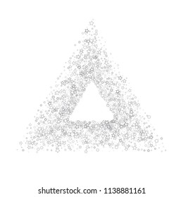 Silver, gray, stars, sprocket, shiny confetti. Scattered little sparkling, flashing glitter elements. Random stellar falling on white background. New Year, Christmas background. Vector illustration.