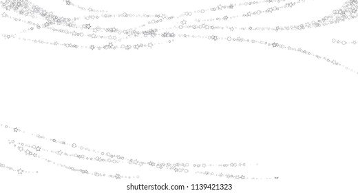 Silver, gray, stars, sprocket, shiny confetti. Scattered little sparkling, flashing glitter elements. Random stellar falling on white background. New Year, Christmas background. Vector illustration.