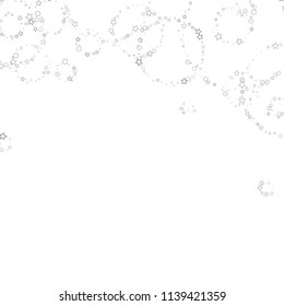 Silver, gray, stars, sprocket, shiny confetti. Scattered little sparkling, flashing glitter elements. Random stellar falling on white background. New Year, Christmas background. Vector illustration.