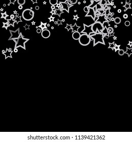 Silver, gray, stars, sprocket, shiny confetti. Scattered little sparkling, flashing glitter elements. Random stellar falling on black background. New Year, Christmas background. Vector illustration.