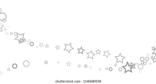 Silver, gray, stars, sprocket, shiny confetti. Scattered little sparkling, flashing glitter elements. Random stellar falling on white background. New Year, Christmas background. Vector illustration.
