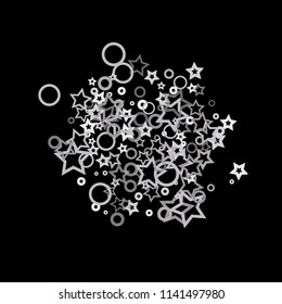 Silver, gray, stars, sprocket, shiny confetti. Scattered little sparkling, flashing glitter elements. Random stellar falling on black background. New Year, Christmas background. Vector illustration.