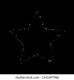 Silver, gray, stars, sprocket, shiny confetti. Scattered little sparkling, flashing glitter elements. Random stellar falling on black background. New Year, Christmas background. Vector illustration.