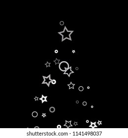 Silver, gray, stars, sprocket, shiny confetti. Scattered little sparkling, flashing glitter elements. Random stellar falling on black background. New Year, Christmas background. Vector illustration.