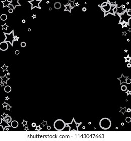 Silver, gray, stars, sprocket, shiny confetti. Scattered little sparkling, flashing glitter elements. Random stellar falling on black background. New Year, Christmas background. Vector illustration.