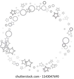 Silver, gray, stars, sprocket, shiny confetti. Scattered little sparkling, flashing glitter elements. Random stellar falling on white background. New Year, Christmas background. Vector illustration.