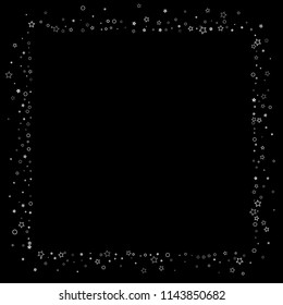 Silver, gray, stars, sprocket, shiny confetti. Scattered little sparkling, flashing glitter elements. Random stellar falling on black background. New Year, Christmas background. Vector illustration.