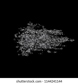 Silver, gray, stars, sprocket, shiny confetti. Scattered little sparkling, flashing glitter elements. Random stellar falling on black background. New Year, Christmas background. Vector illustration.