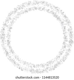 Silver, gray, stars, sprocket, shiny confetti. Scattered little sparkling, flashing glitter elements. Random stellar falling on white background. New Year, Christmas background. Vector illustration.