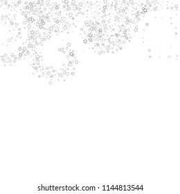 Silver, gray, stars, sprocket, shiny confetti. Scattered little sparkling, flashing glitter elements. Random stellar falling on white background. New Year, Christmas background. Vector illustration.