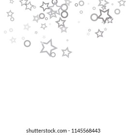 Silver, gray, stars, sprocket, shiny confetti. Scattered little sparkling, flashing glitter elements. Random stellar falling on white background. New Year, Christmas background. Vector illustration.