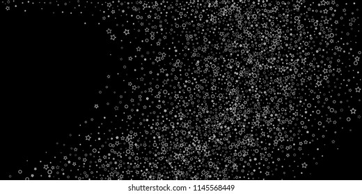 Silver, gray, stars, sprocket, shiny confetti. Scattered little sparkling, flashing glitter elements. Random stellar falling on black background. New Year, Christmas background. Vector illustration.