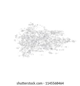 Silver, gray, stars, sprocket, shiny confetti. Scattered little sparkling, flashing glitter elements. Random stellar falling on white background. New Year, Christmas background. Vector illustration.