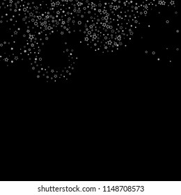 Silver, gray, stars, sprocket, shiny confetti. Scattered little sparkling, flashing glitter elements. Random stellar falling on black background. New Year, Christmas background. Vector illustration.