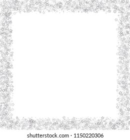 Silver, gray, stars, sprocket, shiny confetti. Scattered little sparkling, flashing glitter elements. Random stellar falling on white background. New Year, Christmas background. Vector illustration.