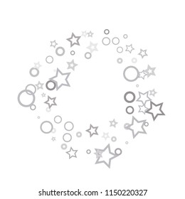 Silver, gray, stars, sprocket, shiny confetti. Scattered little sparkling, flashing glitter elements. Random stellar falling on white background. New Year, Christmas background. Vector illustration.