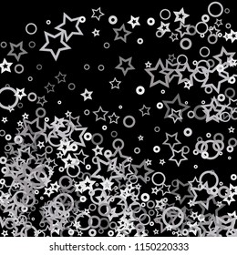 Silver, gray, stars, sprocket, shiny confetti. Scattered little sparkling, flashing glitter elements. Random stellar falling on black background. New Year, Christmas background. Vector illustration.
