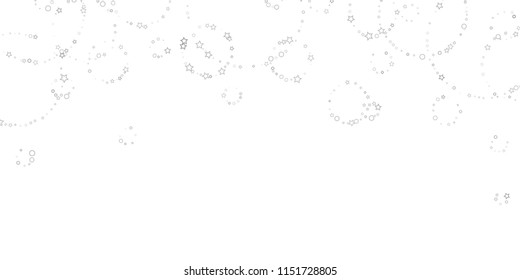 Silver, gray, stars, sprocket, shiny confetti. Scattered little sparkling, flashing glitter elements. Random stellar falling on white background. New Year, Christmas background. Vector illustration.