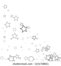 Silver, gray, stars, sprocket, shiny confetti. Scattered little sparkling, flashing glitter elements. Random stellar falling on white background. New Year, Christmas background. Vector illustration.
