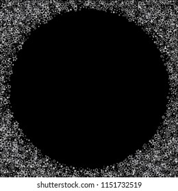 Silver, gray, stars, sprocket, shiny confetti. Scattered little sparkling, flashing glitter elements. Random stellar falling on black background. New Year, Christmas background. Vector illustration.