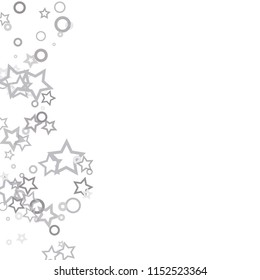 Silver, gray, stars, sprocket, shiny confetti. Scattered little sparkling, flashing glitter elements. Random stellar falling on white background. New Year, Christmas background. Vector illustration.