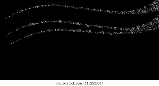 Silver, gray, stars, sprocket, shiny confetti. Scattered little sparkling, flashing glitter elements. Random stellar falling on black background. New Year, Christmas background. Vector illustration.