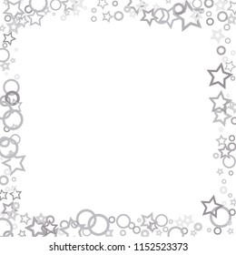 Silver, gray, stars, sprocket, shiny confetti. Scattered little sparkling, flashing glitter elements. Random stellar falling on white background. New Year, Christmas background. Vector illustration.