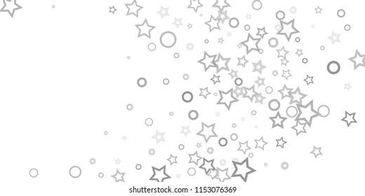 Silver, gray, stars, sprocket, shiny confetti. Scattered little sparkling, flashing glitter elements. Random stellar falling on white background. New Year, Christmas background. Vector illustration.